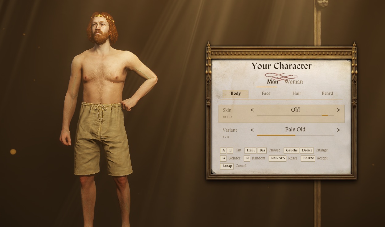 The character creator: a red-haired man on the character stage beside a “Your Character” panel with Man and Woman, and Body, Face, Hair and Beard tabs