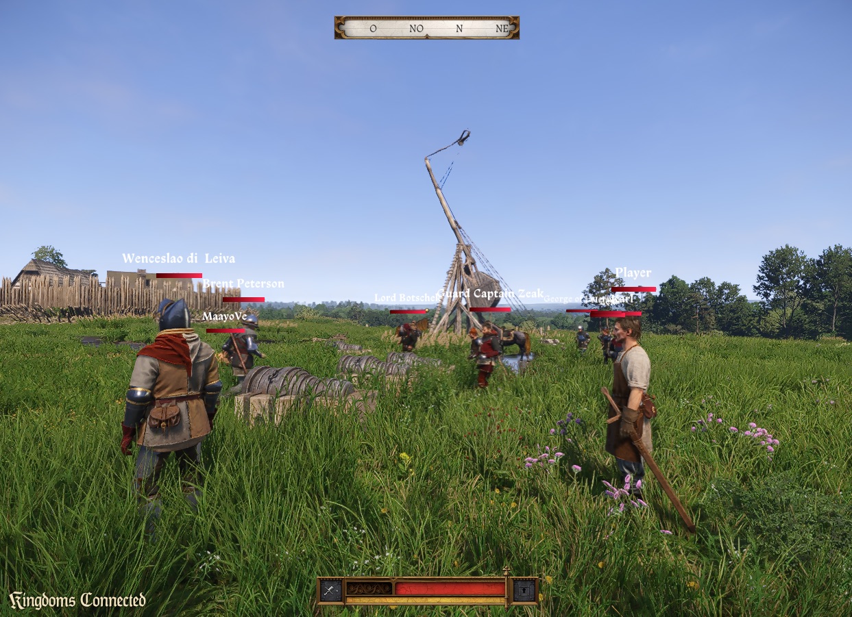 Players and NPCs with name tags gathered in a meadow around a trebuchet with its arm raised, cannon barrels lying in the grass beside them