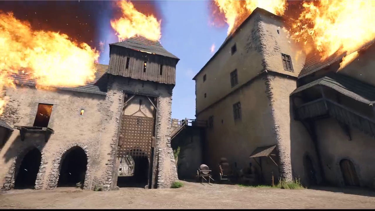 A castle gatehouse and keep engulfed in flames placed with the Kingdoms Connected map editor