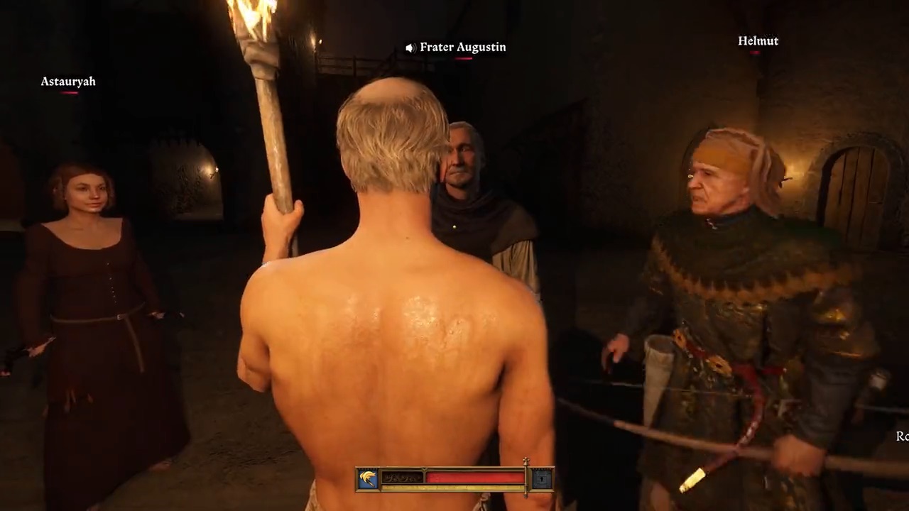 Players in costume gathered by torchlight in a castle courtyard at night in Kingdoms Connected