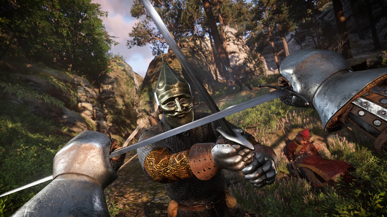 Dva obrnění bojovníci se utkávají s meči v lese v Kingdom Come: Deliverance II