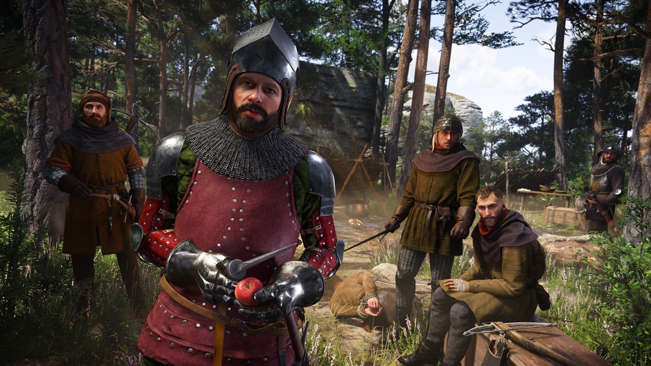 Armoured soldiers gathered at a forest camp in Kingdom Come: Deliverance II