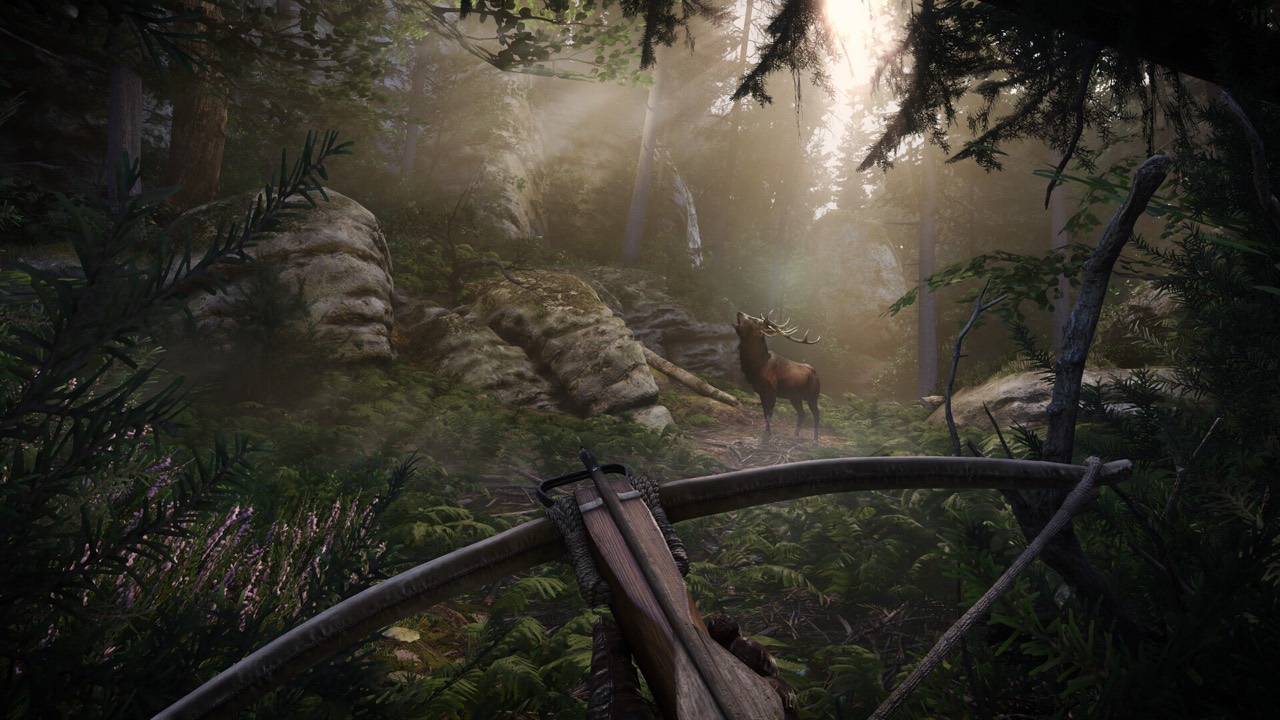 A crossbow aimed at a stag in a sunlit Bohemian forest in Kingdom Come: Deliverance II