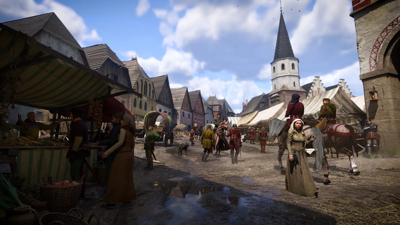 A busy market square in the town of Kuttenberg in Kingdom Come: Deliverance II