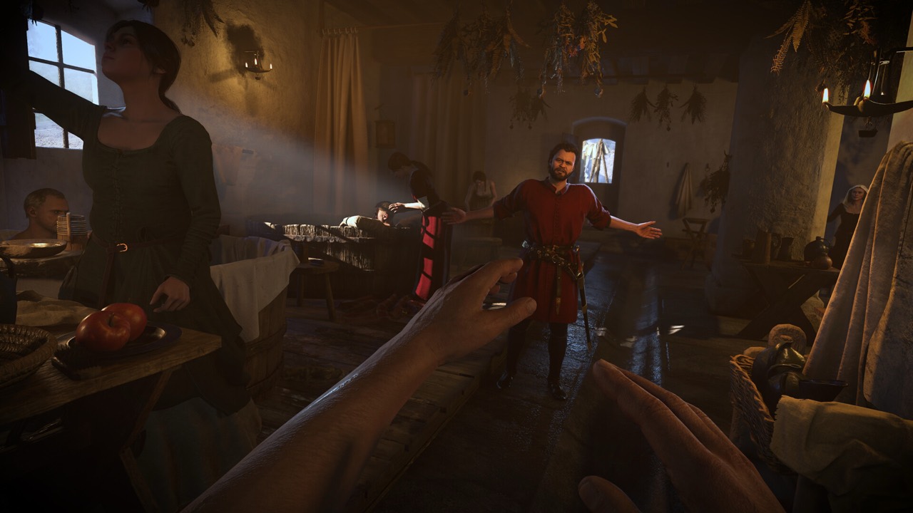 A lively tavern with a host welcoming guests in Kingdom Come: Deliverance II