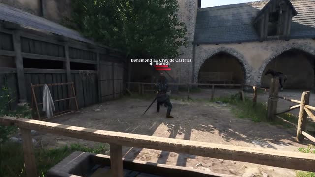 Two players fighting with swords in a castle courtyard while other players watch in Kingdoms Connected
