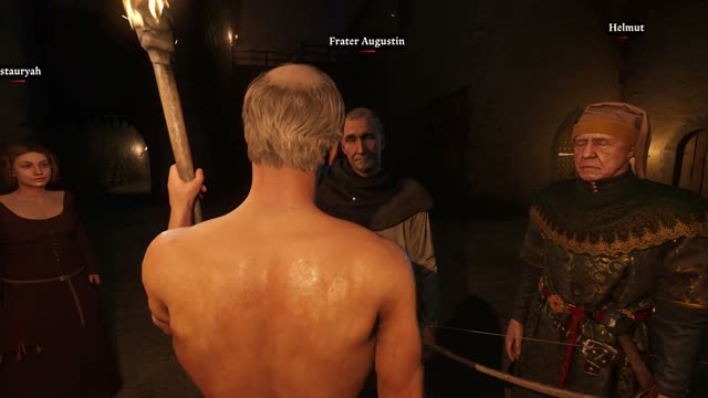 A player holding a torch facing three other players at night in Kingdoms Connected